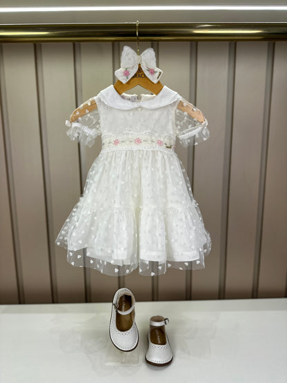 Vestido Infantil Super Luxo Tule Poás Marfim Gola, Busto e Mangas Rendadas e Bordados - Roana