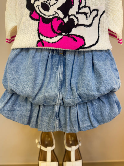 Conjunto Infantil Blusa Tricot Minnie Tennista e Saia Jeans Balonê - Animê