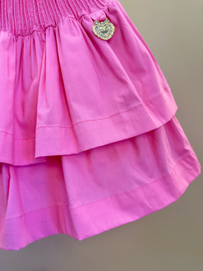 Conjunto Infantil Blusa Off Joia Coração e Saia Babado Rosa - Animê