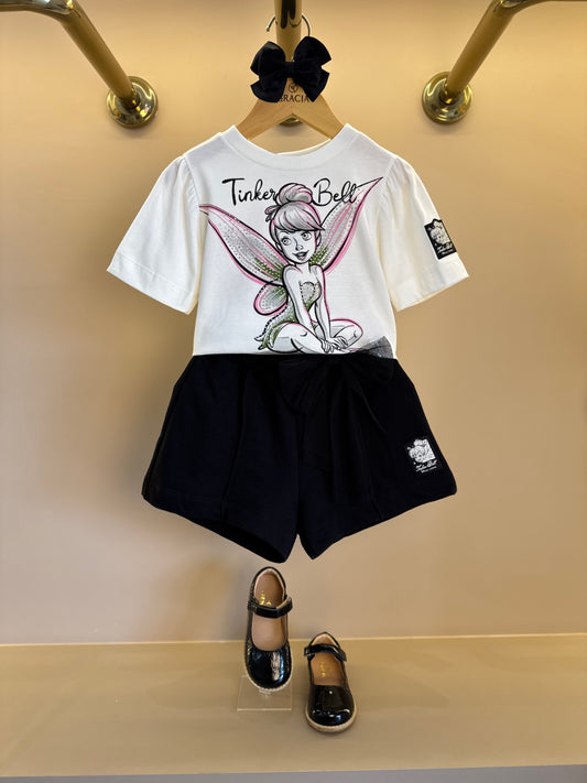 Conjunto Infantil Blusa Tinker Bell Off Strass e Shorts  Preto Laço - Animê