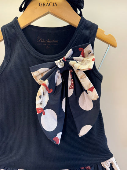Conjunto Infantil Regata Maxi Laço e Saia e Algodão Cachorrinhos & Lacinhos Preto - Pituchinhus