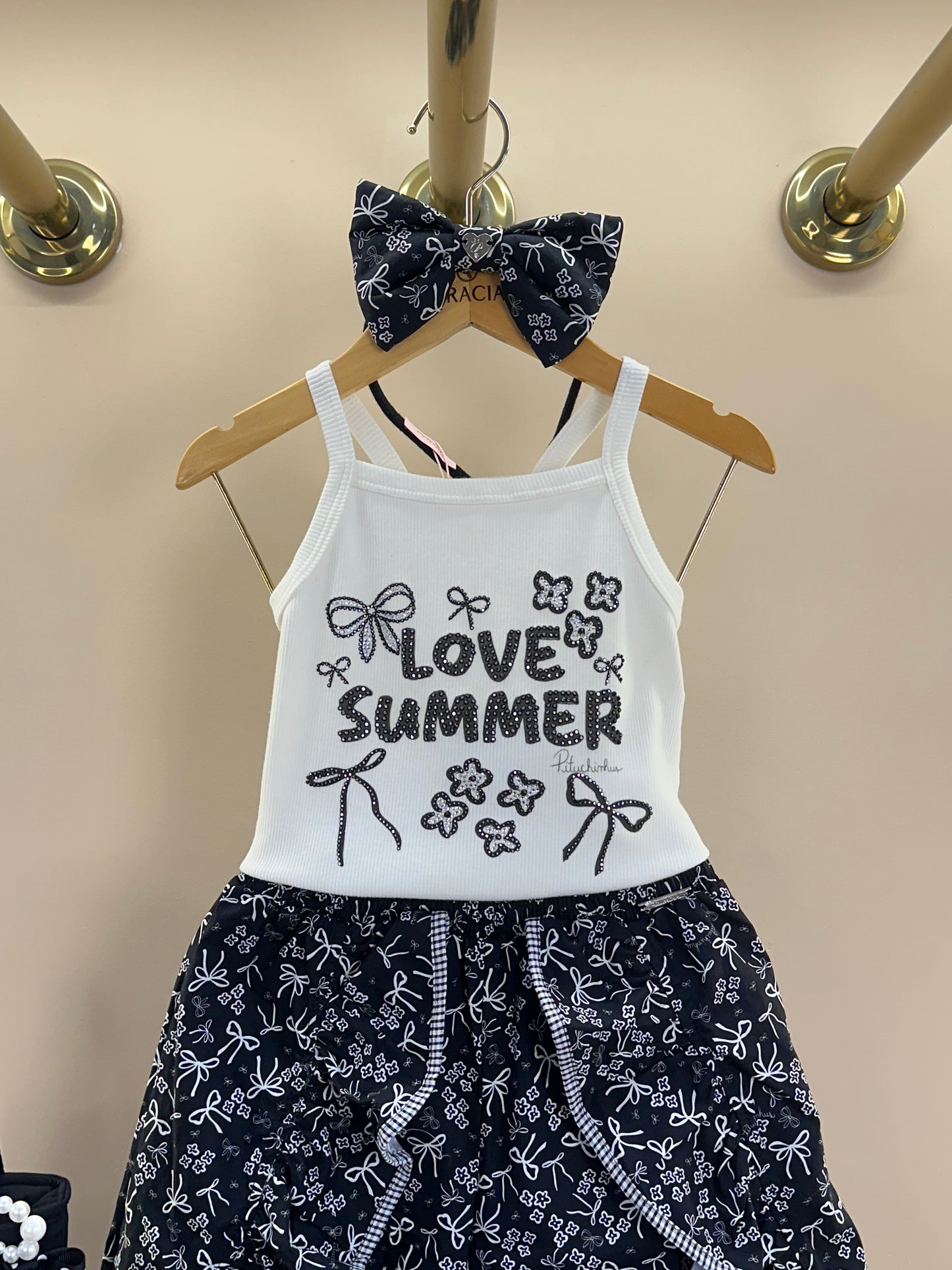 Conjunto Infantil  Blusa Love Summer Cristal e Saia-Shorts Mullet Laços e Flores - Pituchinhus