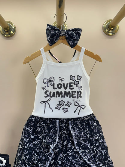 Conjunto Infantil  Blusa Love Summer Cristal e Saia-Shorts Mullet Laços e Flores - Pituchinhus