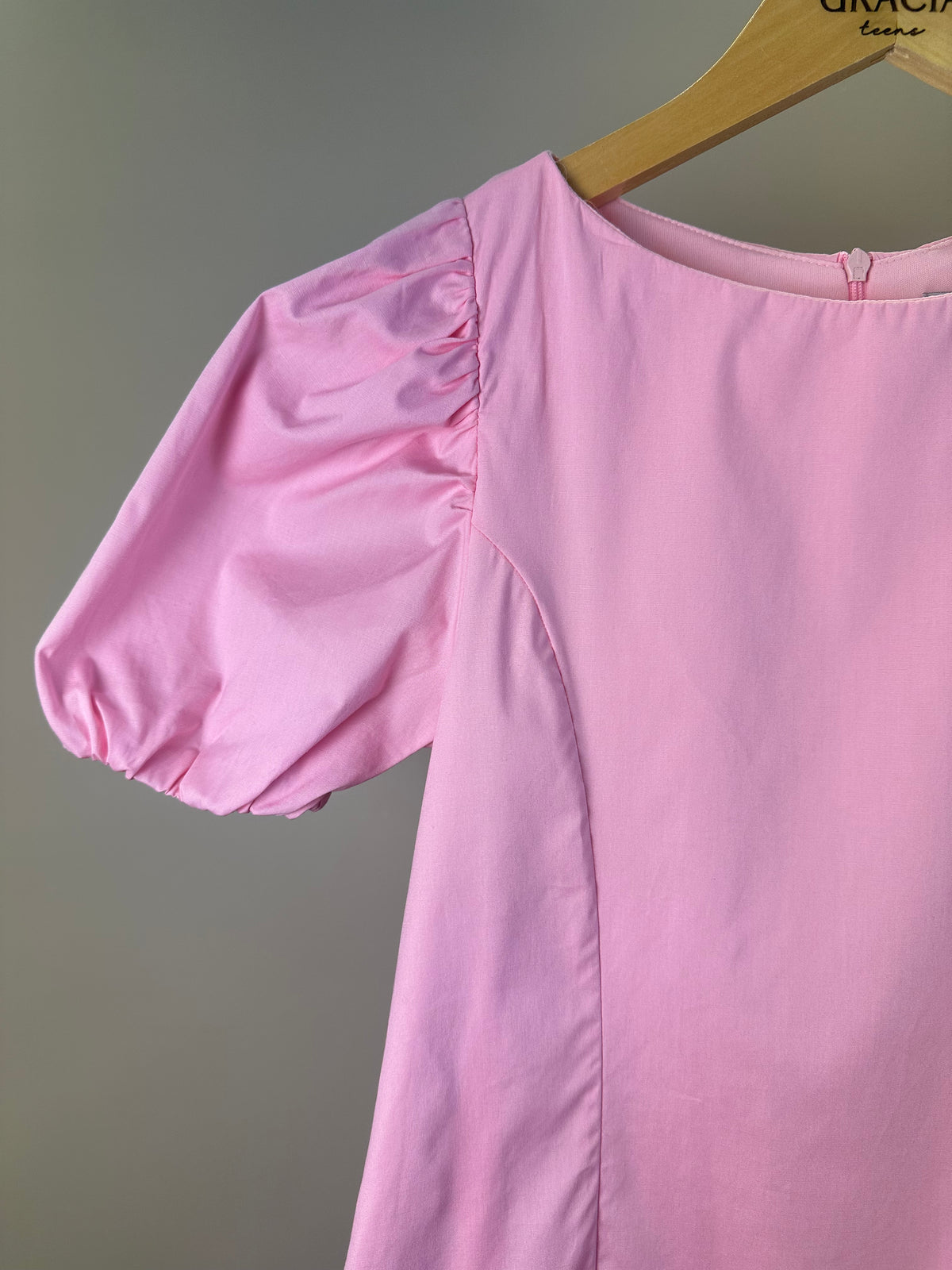 Vestido Teen Tricoline Rosa Com Mangas Bufantes - Authoria