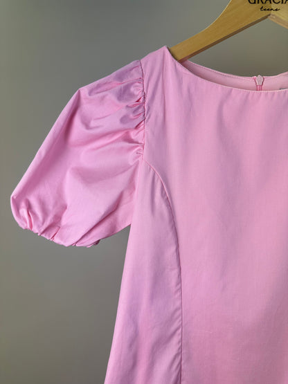 Vestido Teen Tricoline Rosa Com Mangas Bufantes - Authoria