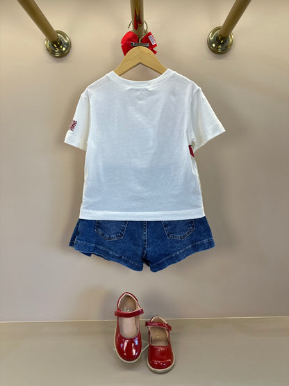 Conjunto Infantil Blusa Minnie & Mickey Berry Pérola e Saia-shorts Jeans Pregas - Animê