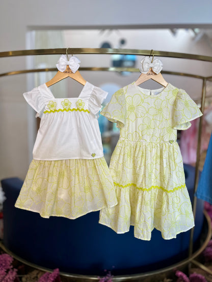 Conjunto Infantil Blusa e Saia-shorts Laise Flores Neon Lima - Momi
