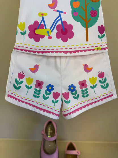 Conjunto Infantil Blusa e Shorts Bege Florestinha Colorida - Mon Sucré