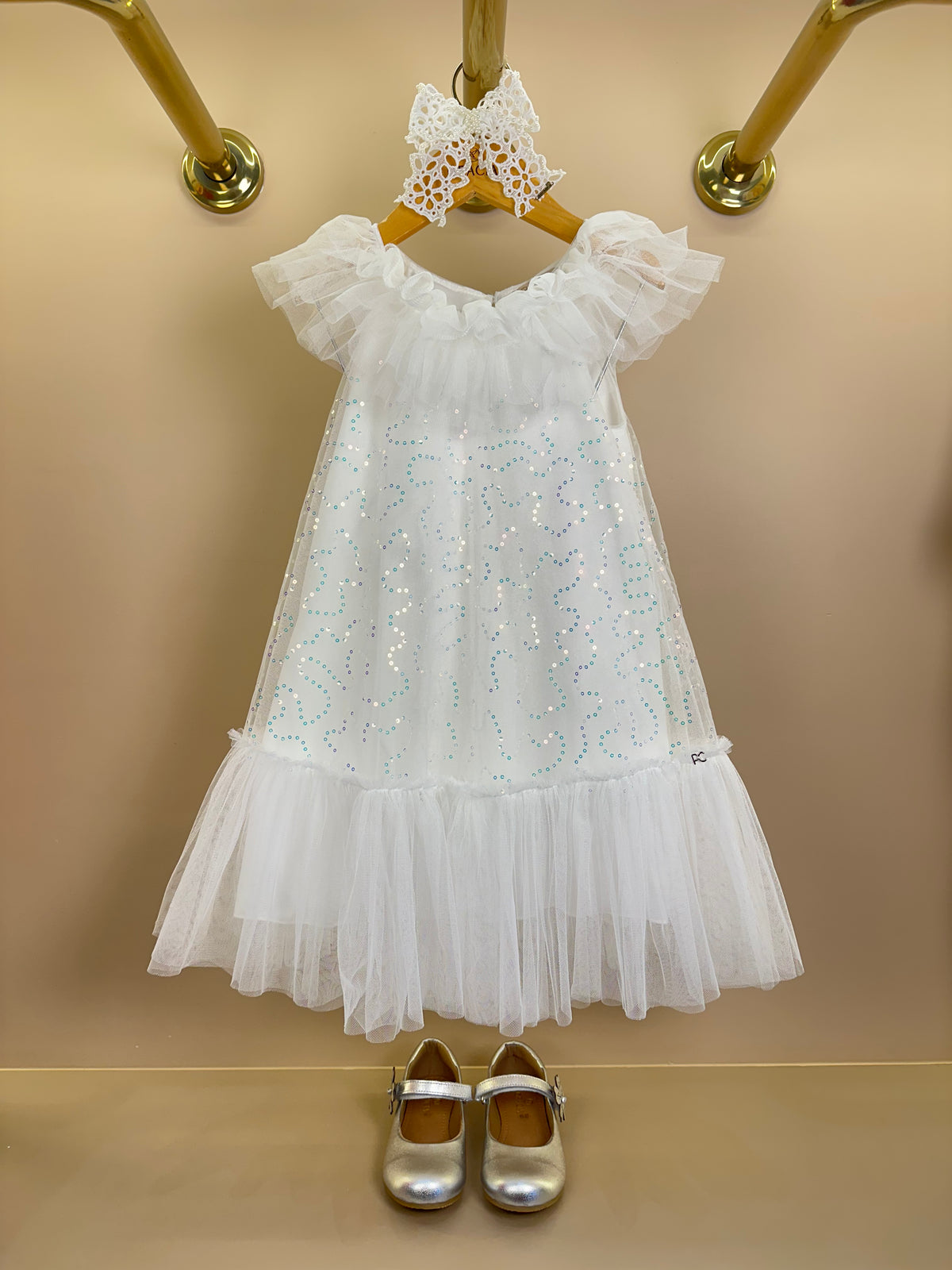 Vestido Infantil Trapézio Tule Bordado Paeté Off White - Petit Cherie