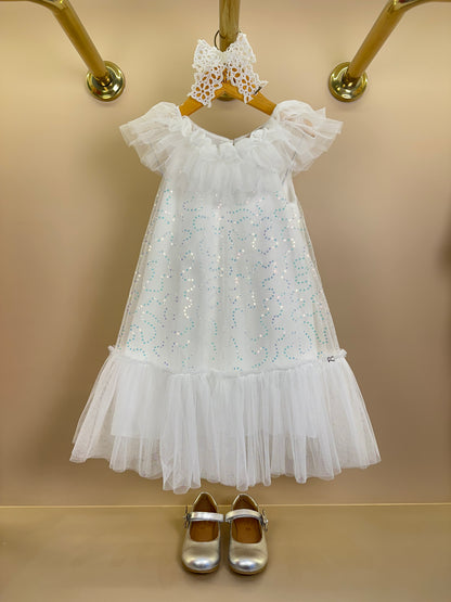Vestido Infantil Trapézio Tule Bordado Paeté Off White - Petit Cherie