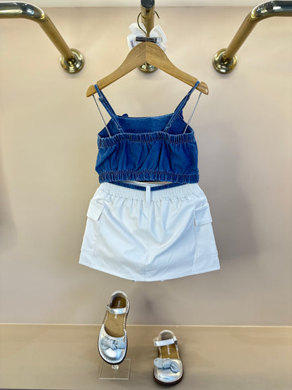 Conjunto Infantil Cropped Jeans Borboletas e Short-saia Cargo - Gabriela Aquarela