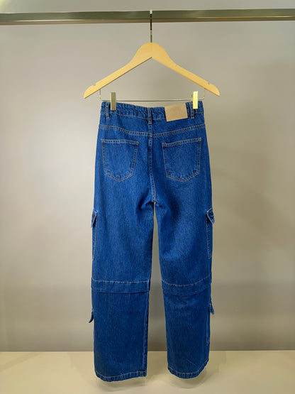Calça Teen Jeans Wide Leg Cargo Azul - Authoria