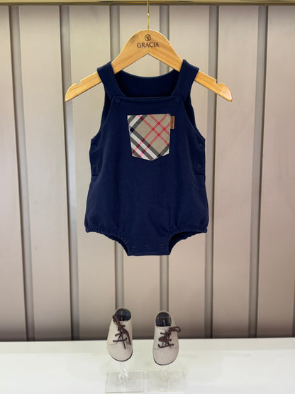 Romper Bebê Moletinho Fofinho Bolso Xadrez Marinho - Um Mais Um