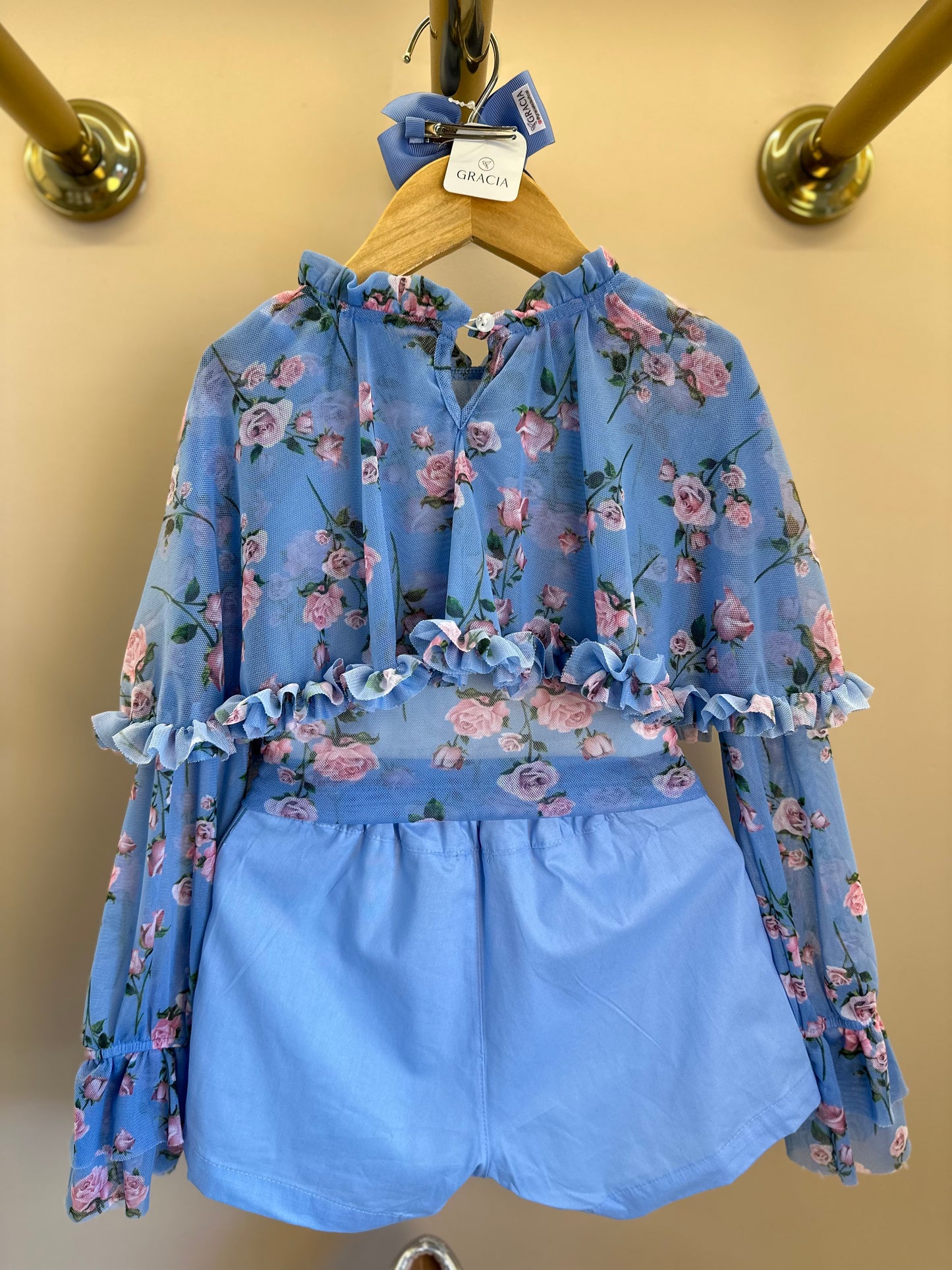 Conjunto Infantil Blusa Capa Floral Azul e Shorts Alfaiataria Azul - Luluzinha
