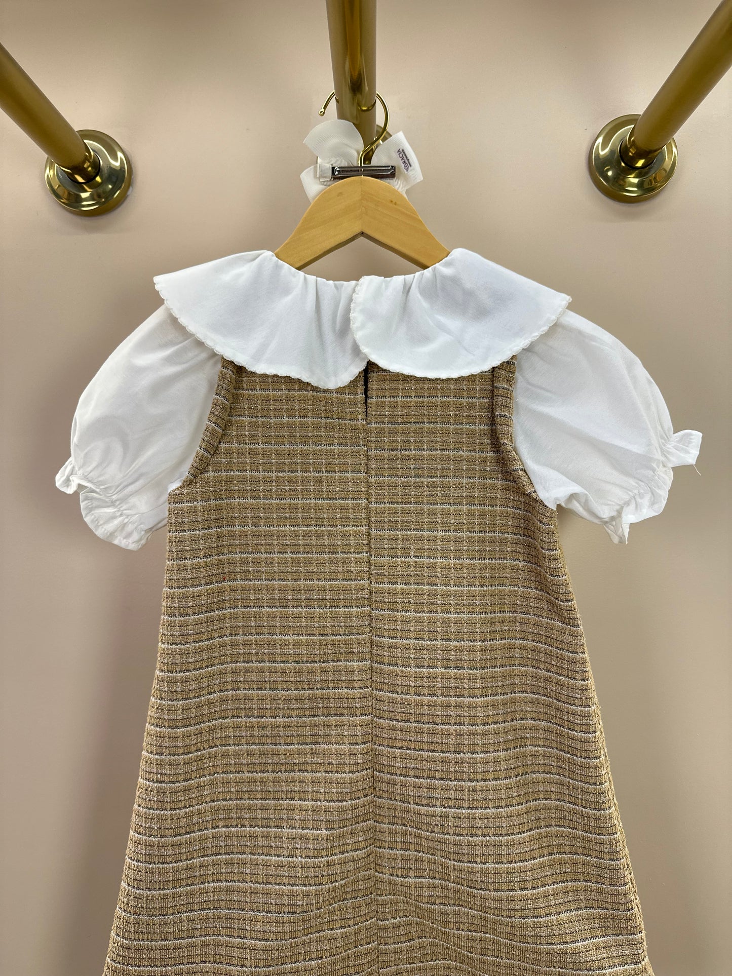 Vestido Infantil Manga Curta Tweed Xadrez Bege - Animê Petite