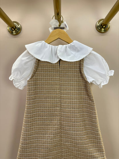 Vestido Infantil Manga Curta Tweed Xadrez Bege - Animê Petite
