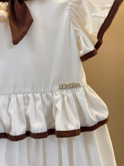 Vestido Infantil Rodado Tricoline Branco com Laço Marrom - Luluzinha