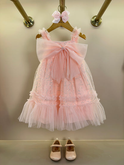 Vestido Infantil Tule Bordado Paêtes Laço Maxxi Rosa - Petit Cherie