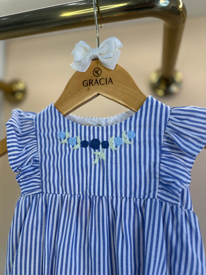 Romper Bebê Algodão Listrado Azul e Bordado Flores - Um Mais Um