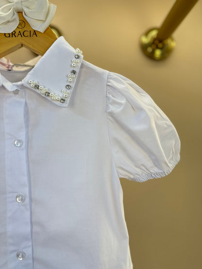 Camisa Infantil Algodão Gola Cristais Branca - Gabriela Aquarela