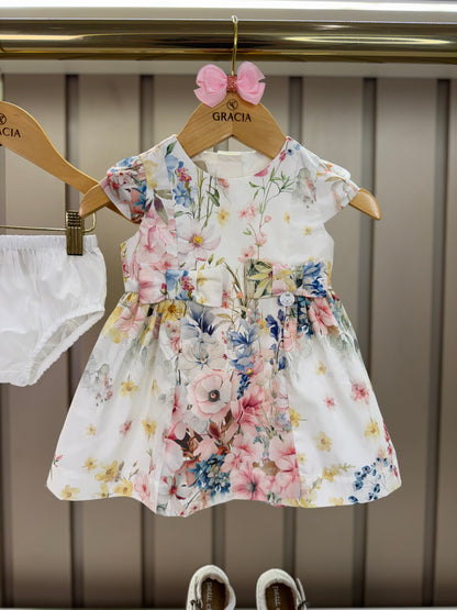 Vestido Bebê Algodão Pregas e Lacinho Com Calcinha Floral Candy - Um Mais Um