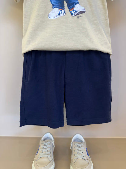 Conjunto Infantil Camiseta Teddy Hoodie Bege e Bermuda Moletom Elastano Elástico Listrado - Dame