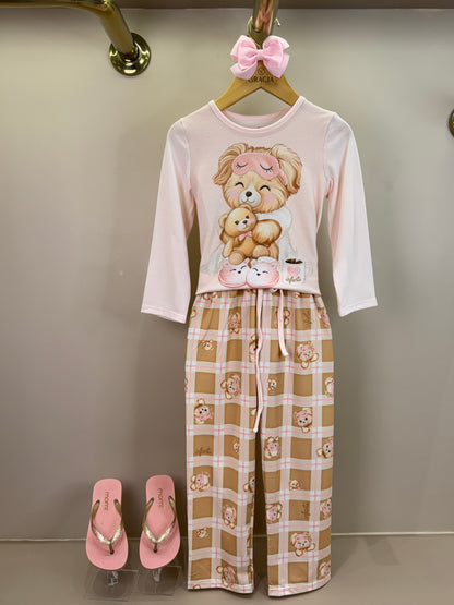 Pijama Infantil Blusa ML Ursinha de Máscara e Calça Estampada Rosa Claro - Infanti