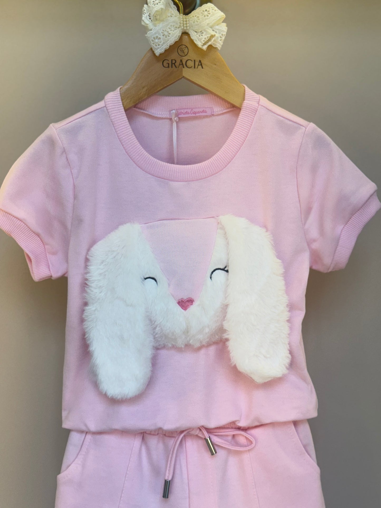 Conjunto Infantil Moletinho Comfy Blusa e Short Coelho 3D Rosa - Gabriela Aquarela