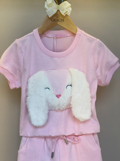 Conjunto Infantil Moletinho Comfy Blusa e Short Coelho 3D Rosa - Gabriela Aquarela