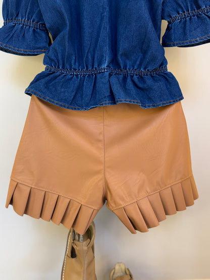 Conjunto Infantil Blusa Jeans Peplum e Shorts Couro Tech Botões - Luluzinha