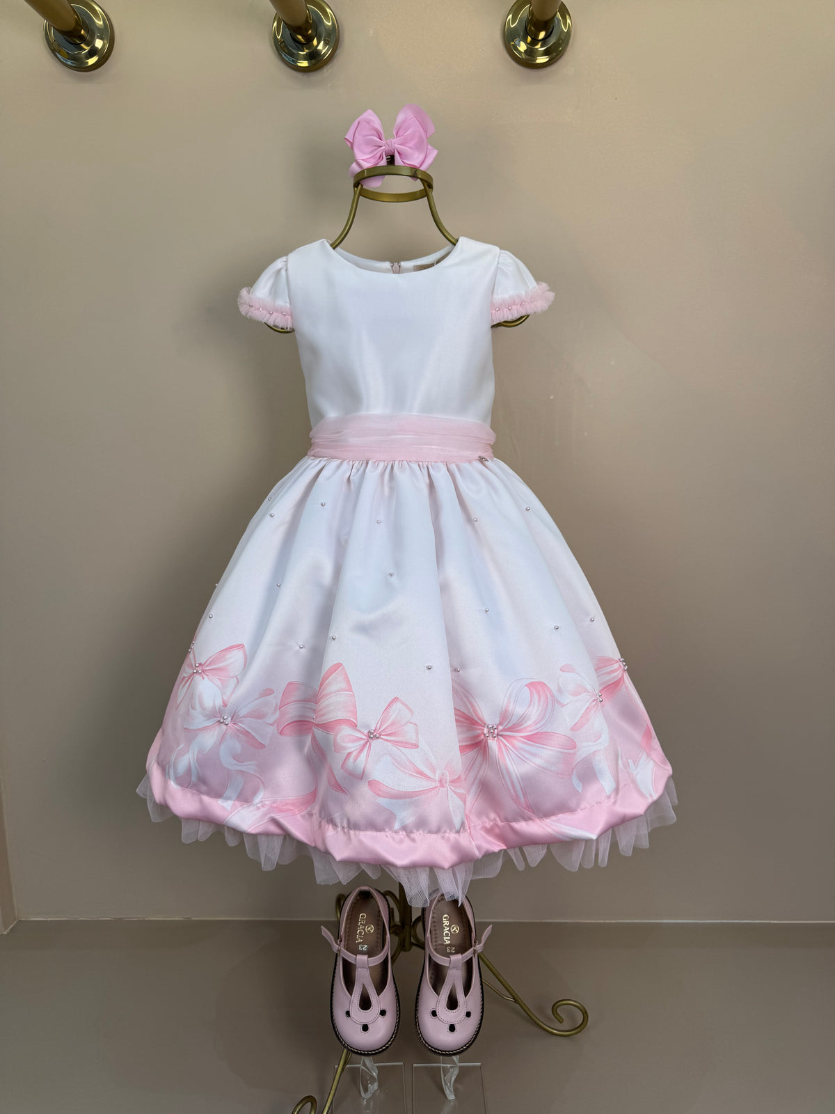 Vestido Infantil Laços e Pérolas Saia Tule Rosa - Petit Cherie