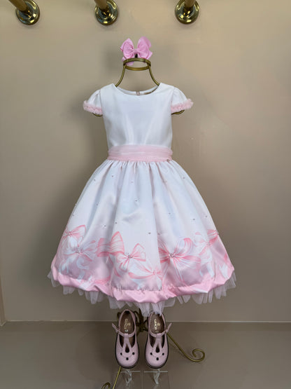 Vestido Infantil Laços e Pérolas Saia Tule Rosa - Petit Cherie