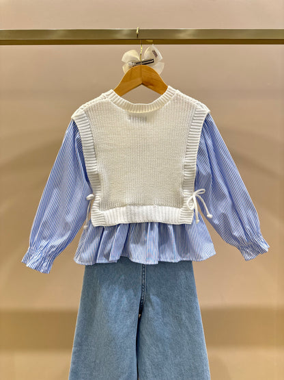 Conjunto Infantil Colete Tricot Off White e Calça Jeans Bordada Flores - Momi