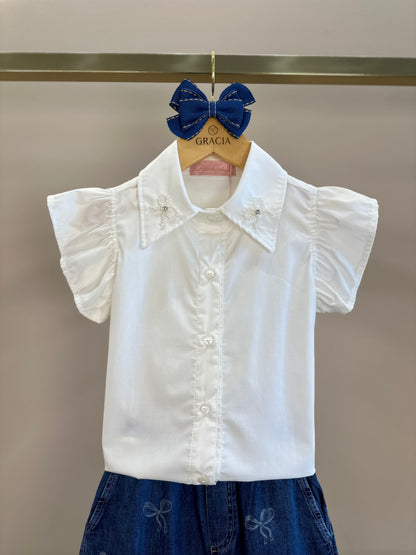 Conjuto Infantil Camisa Algodão Lacinhos Bordados e Calça Jeans - Pituchinhus