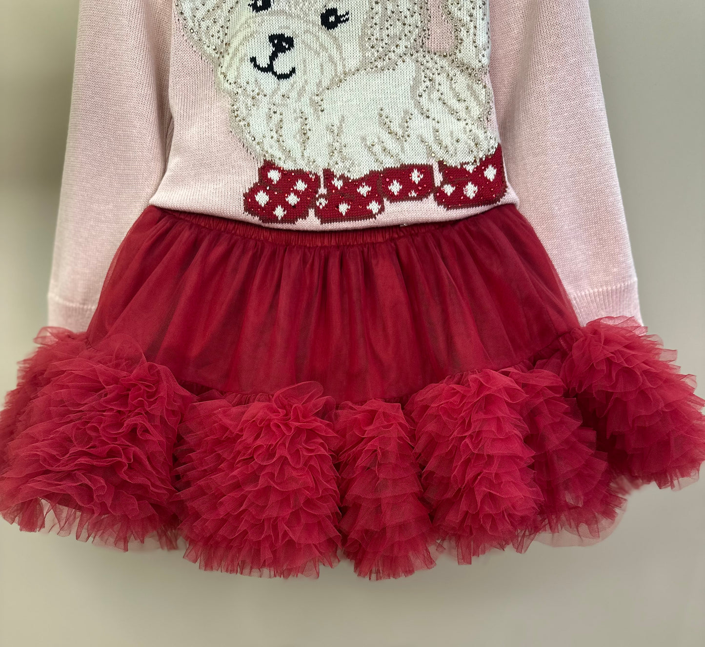 Conjunto Infantil Blusa Tricot Cachorrinhos Cristais Rosa Dolce & Saia-shorts Tule Babados Frufru Bala de Cereja - Pituc