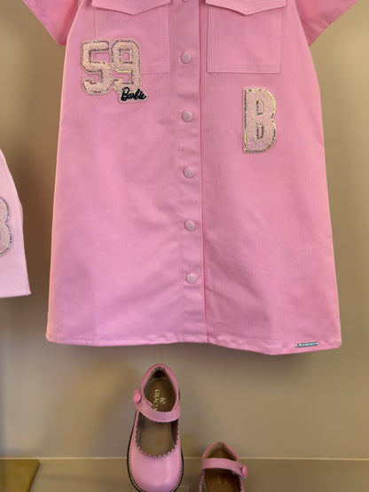 Vestido Infantil Sarja Bolsos Patches Barbie Rosa Romântico - Pituchinhus