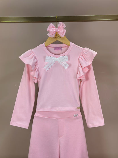 Conjunto Infantil ML Laço e Calça Wide Leg Lateral Glitter Rosa - Luluzinha