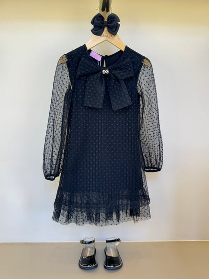 Vestido Infantil Trapézio Tule Plissado Aplicação Laço Preto - Luluzinha