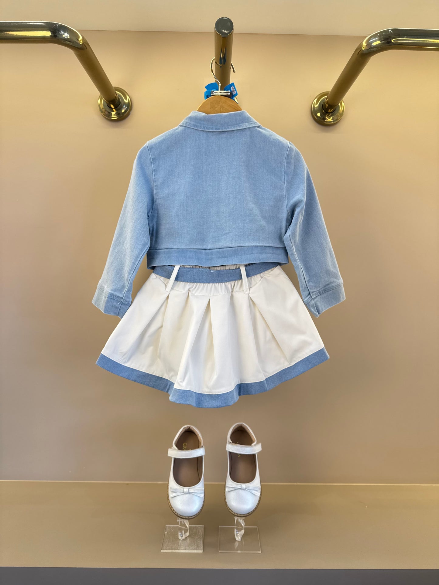 Conjunto Infantil Casaco Jeans e Saia de Pregas Branco - Gabriela Aquarela