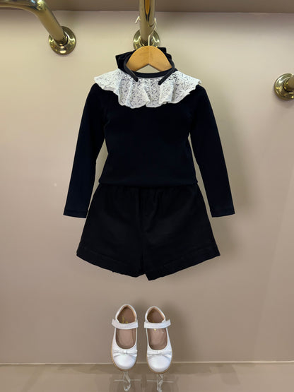 Conjunto Infantil Blusa Tricot ML Jabô Botões e Saia Sarja Babadinho Preto - Pituchinhus