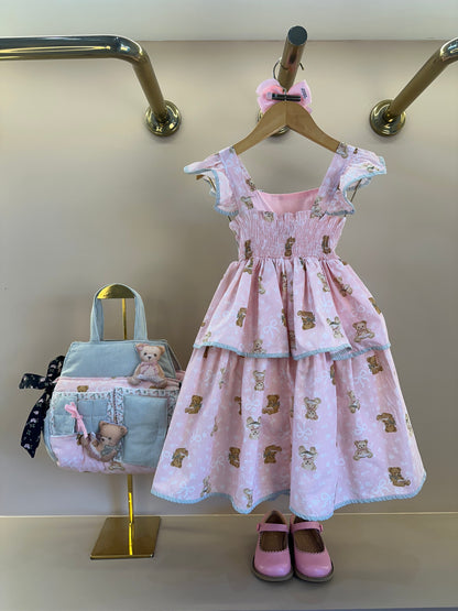 Vestido Infantil Algodão Estampa Ursinhos  Com Babados - Pituchinhus