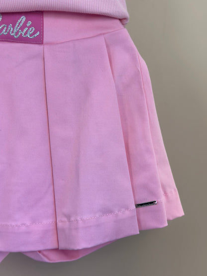 Conjunto Infantil Regata Patche Coração Barbie e Saia Sarja Pregas Patche Barbie Rosa Romântico - Pituchinhus