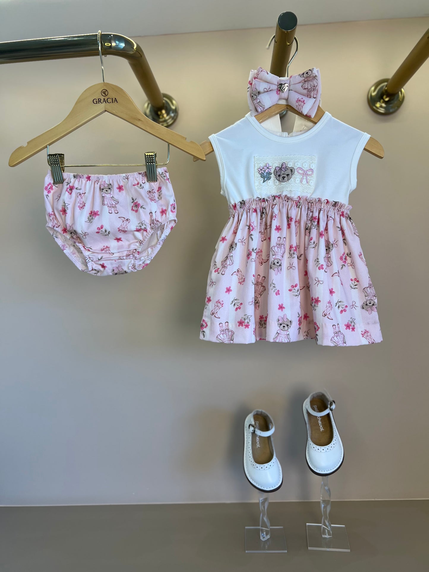 Vestido Bebê Algodão Listrado e Saia com Calcinha Flores & Ursinhas - Pituchinhus