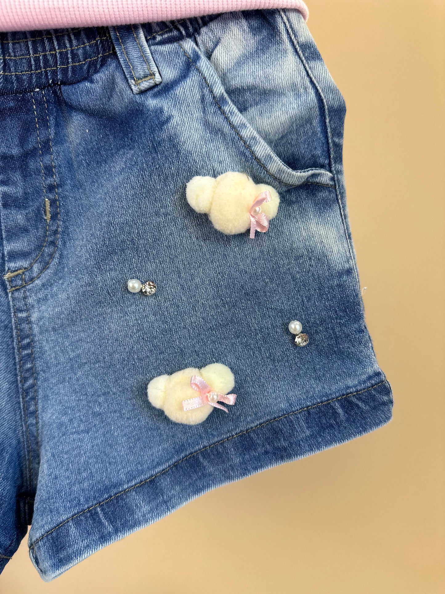 Conjunto Infantil Blusa Rosa e Shorts Jeans Ursinhos  Pompom  - Gabriela Aquarela