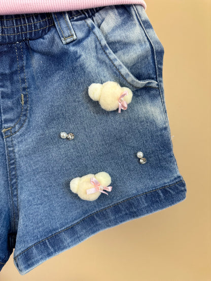 Conjunto Infantil Blusa Rosa e Shorts Jeans Ursinhos  Pompom  - Gabriela Aquarela