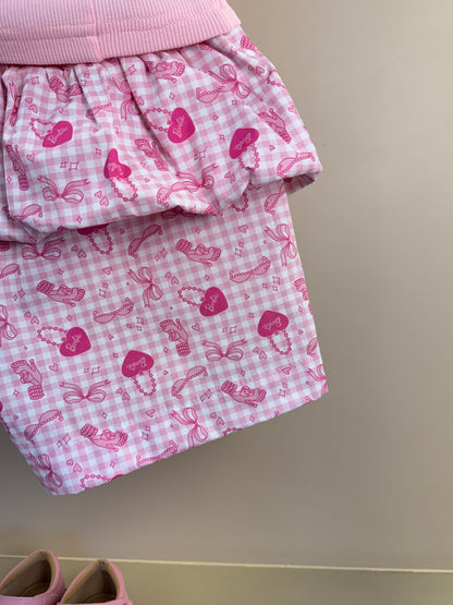 Conjunto Infantil Regata Cropped Laço Puffer Barbie Rosa e Shorts Babado Balonê Rosa Xadrez - Pituchinhus