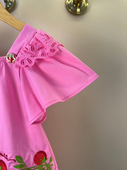 Conjunto Infantil Blusa Mangas Amplas Estampa Tomates e Shorts Saia Rosa - Animê