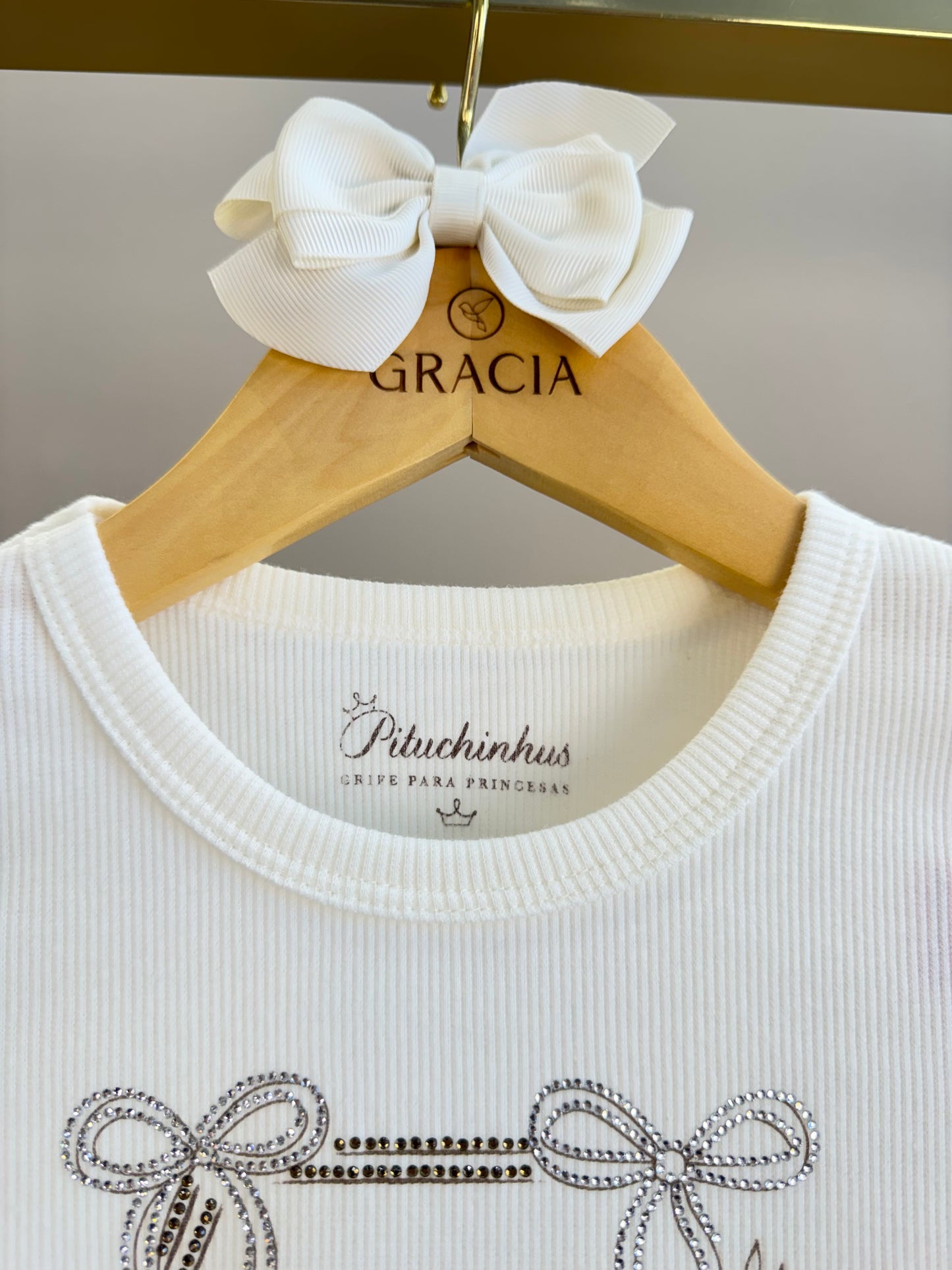 Conjunto Infantil Blusa Off White Cavalinho Cristal E Legging Tricot Floral Rosa - Pituchinhus