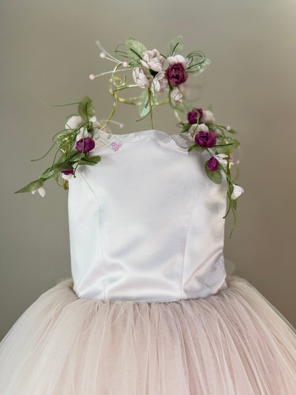 Vestido Infantil Festa Costas Trançadas e Flores Bordadas