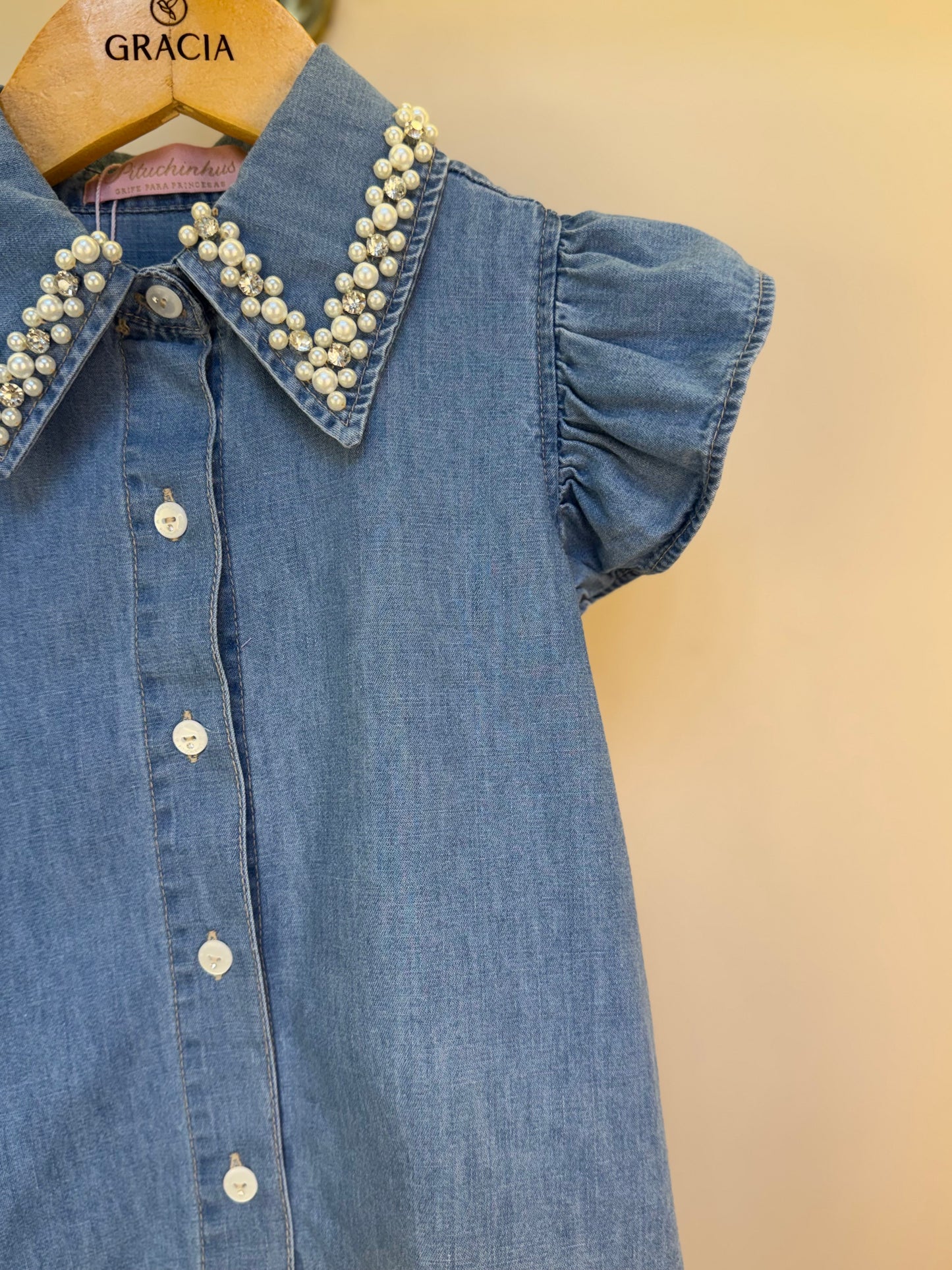 Camisa Infantil Jeans Gola Bordada Pérolas e Cristais - Pituchinhus